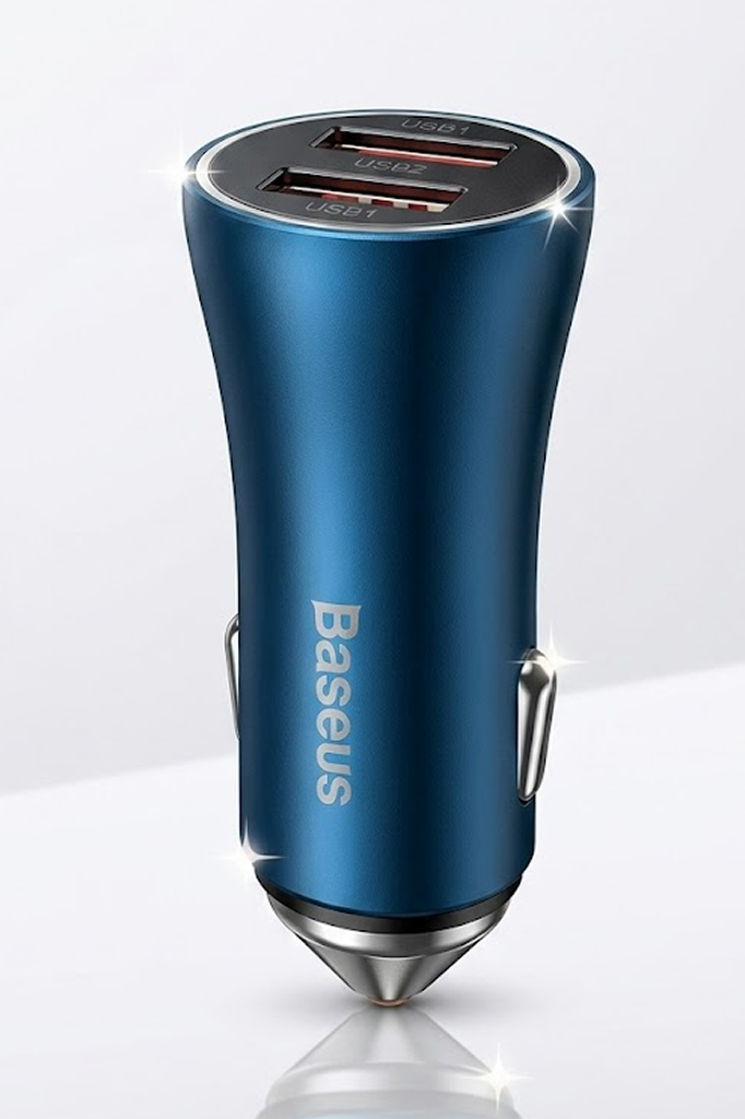 Blue car charger with USB ports on a white background, featuring the Baseus brand.