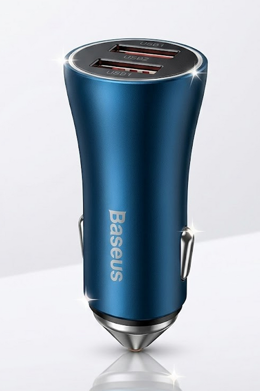 Blue car charger with USB ports on a white background, featuring the Baseus brand.